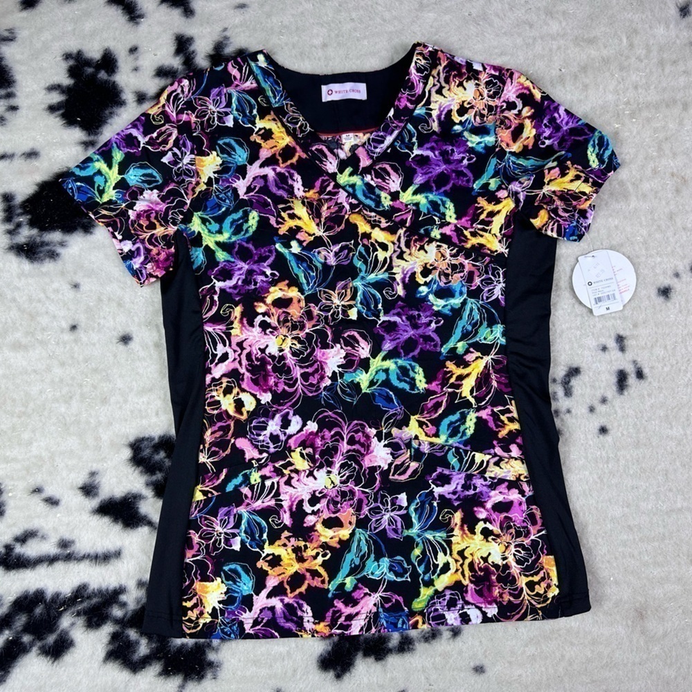 White Cross Women's Black Multicolor Abstract Print Scrub Top Size Medium NWT